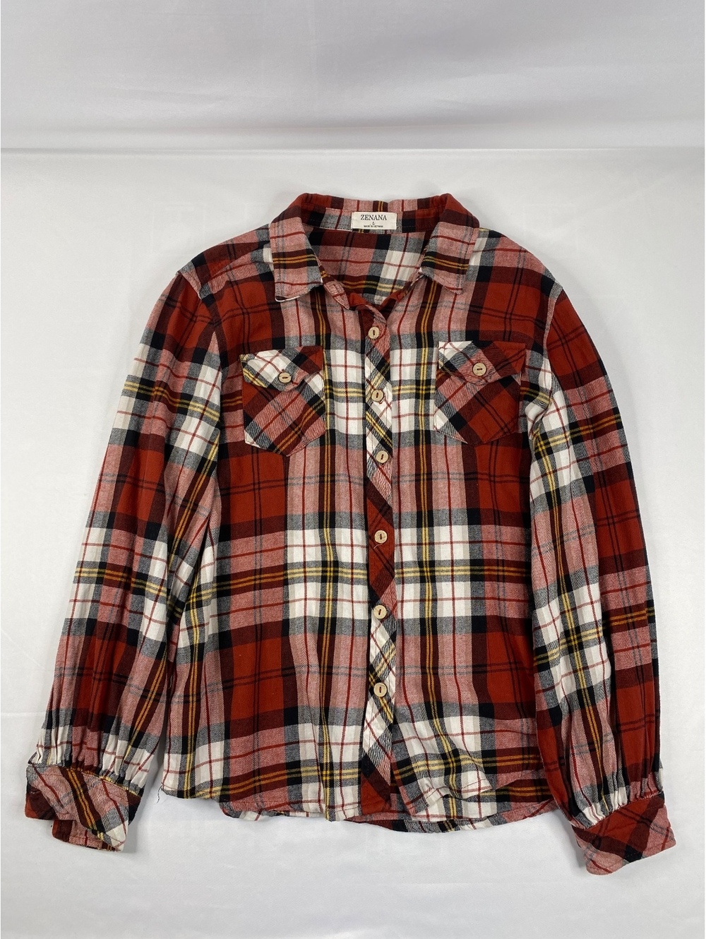 Zenana Rust Plaid Button Front Blouse Size L